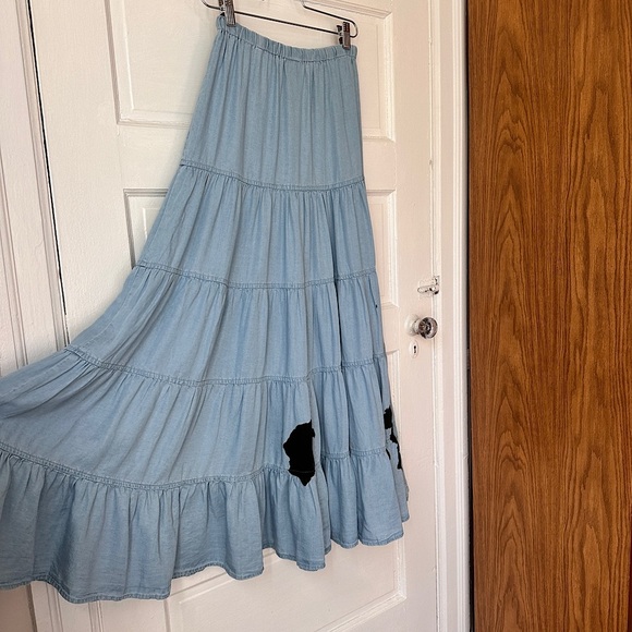 Sky to Moon Tiered Ruffle Maxi Skirt Chambray Graffiti Art Elastic Waist Boho - Picture 4 of 17